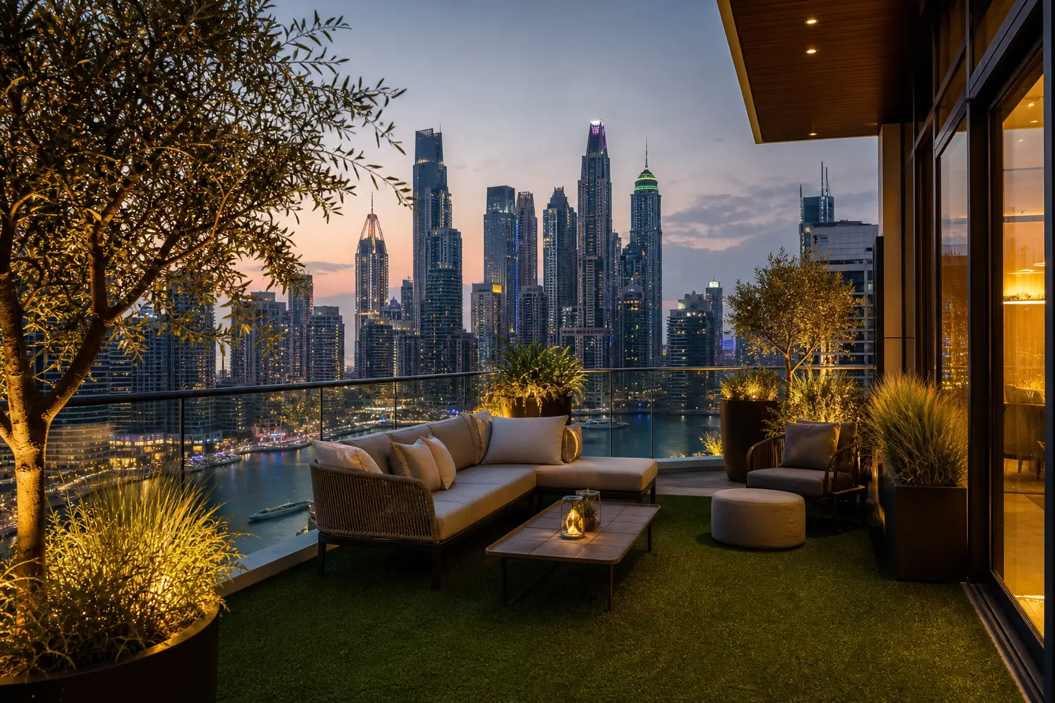 Illustrative high-rise terrace garden with artificial grass, olive trees in planters and outdoor seating at dusk