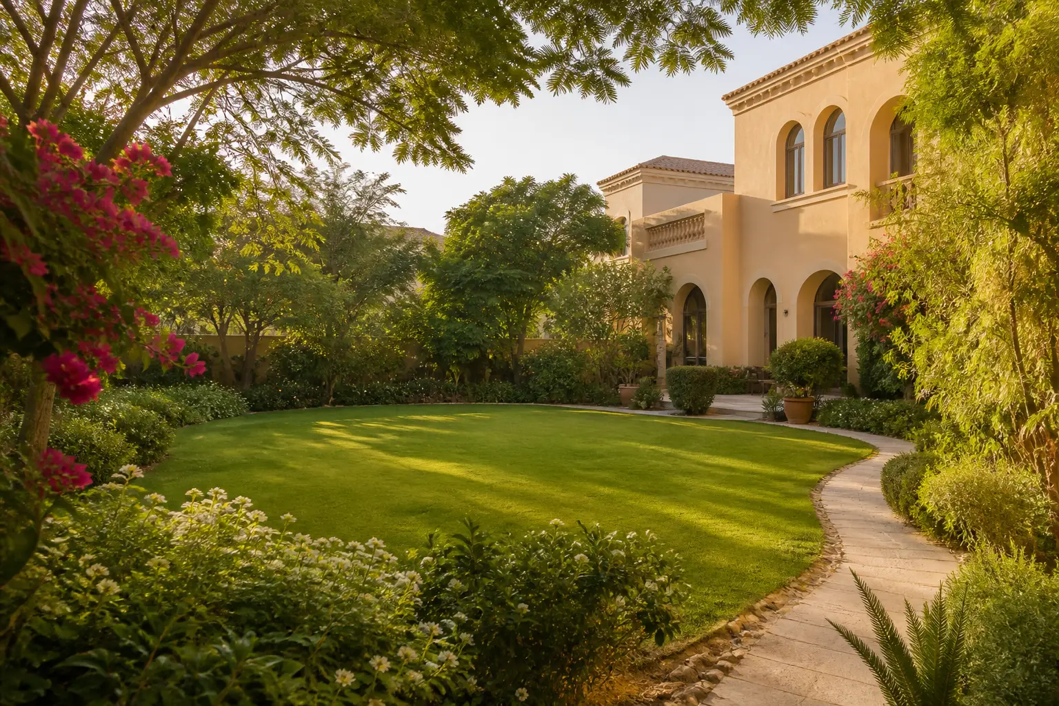 Illustrative villa garden with a curved lawn, bougainvillea, flowering shrubs and a stone path