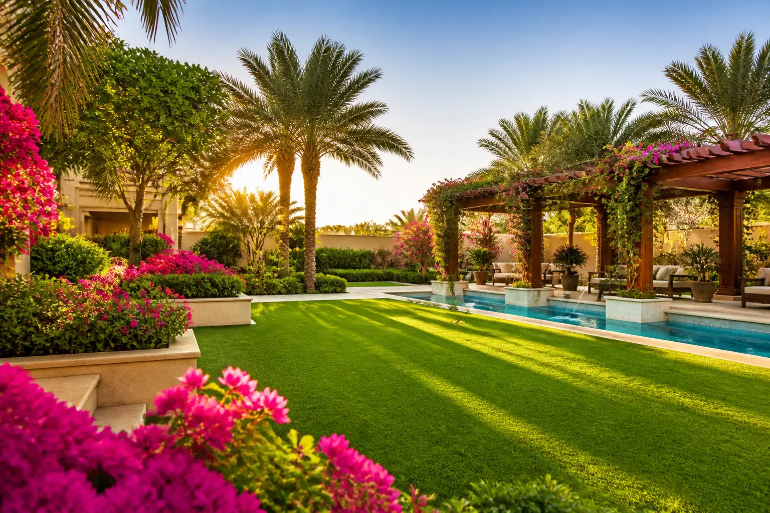 Illustrative villa garden with a lawn, date palms, bougainvillea, a pool and a shaded pergola