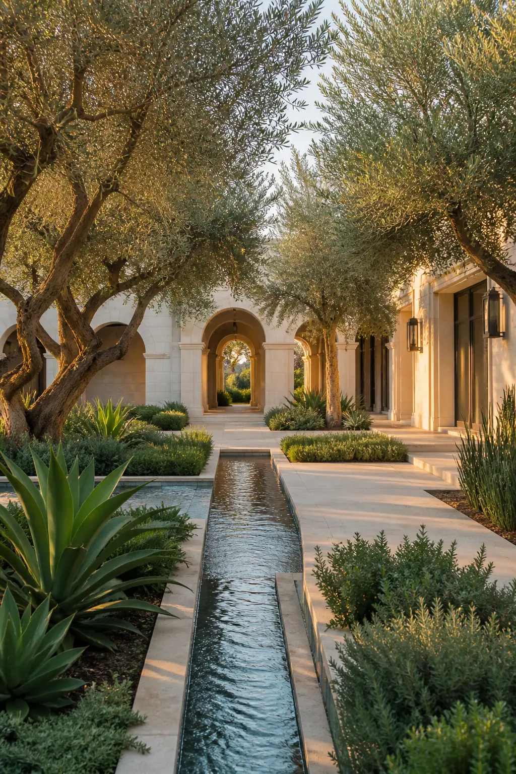 Illustrative villa courtyard garden with olive trees, agave planting and a stone water rill