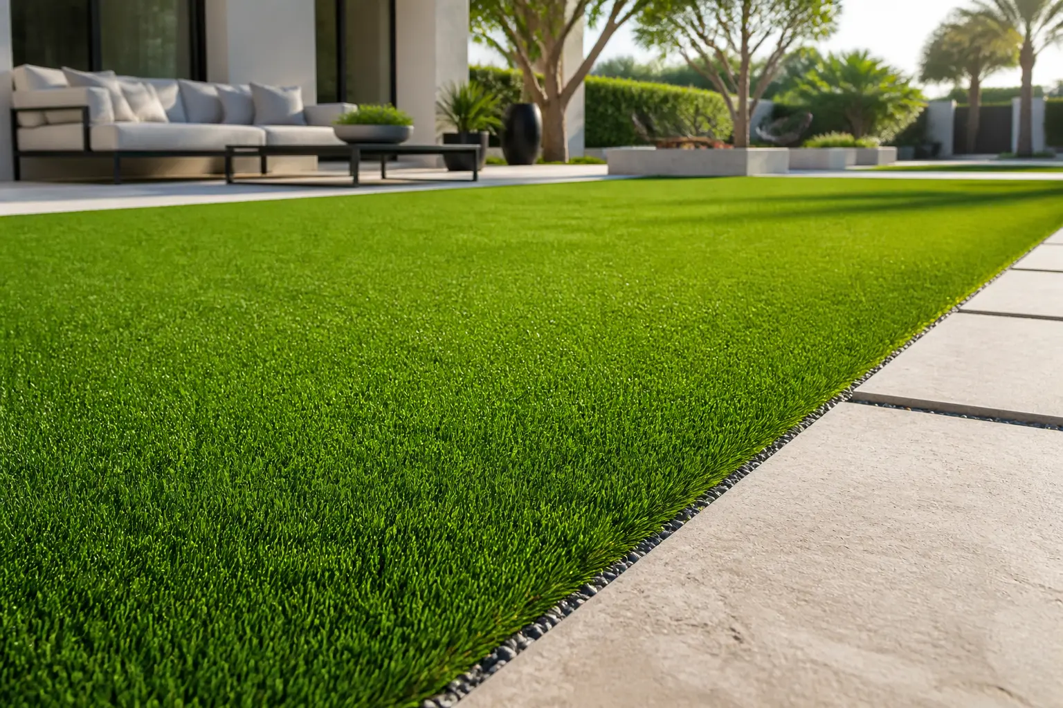 Artificial grass lawn with inset stone stepping slabs beside a modern Dubai villa