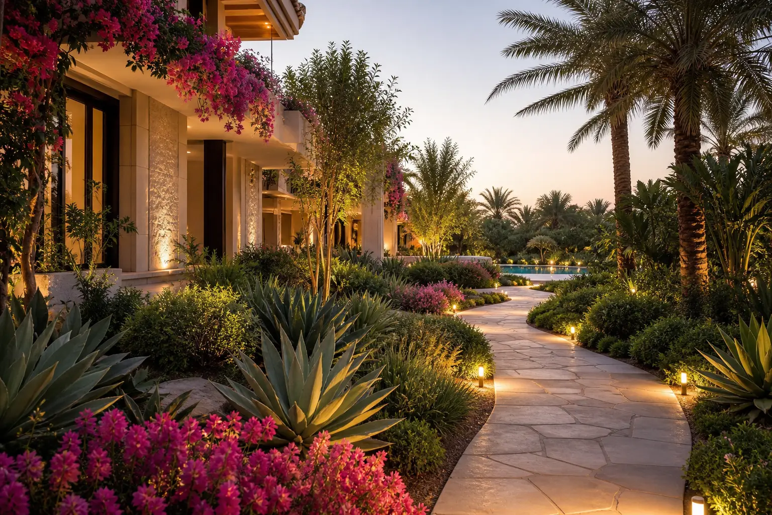 Illustrative garden with bougainvillea, ornamental grasses and agave along a stone pathway