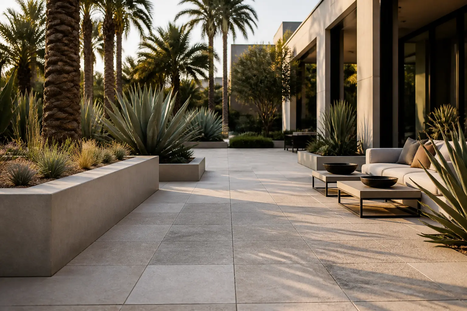 Illustrative large-format porcelain paving beside a limestone retaining wall and planted bed