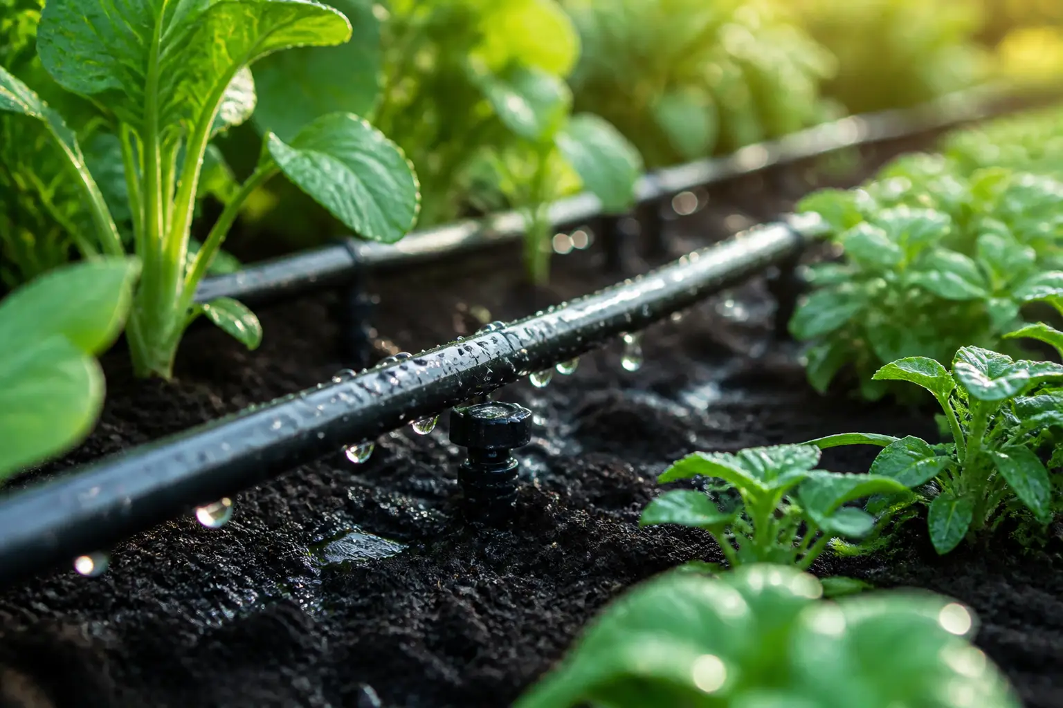 Close-up of a drip irrigation emitter releasing a water droplet onto mulched soil beside an agave