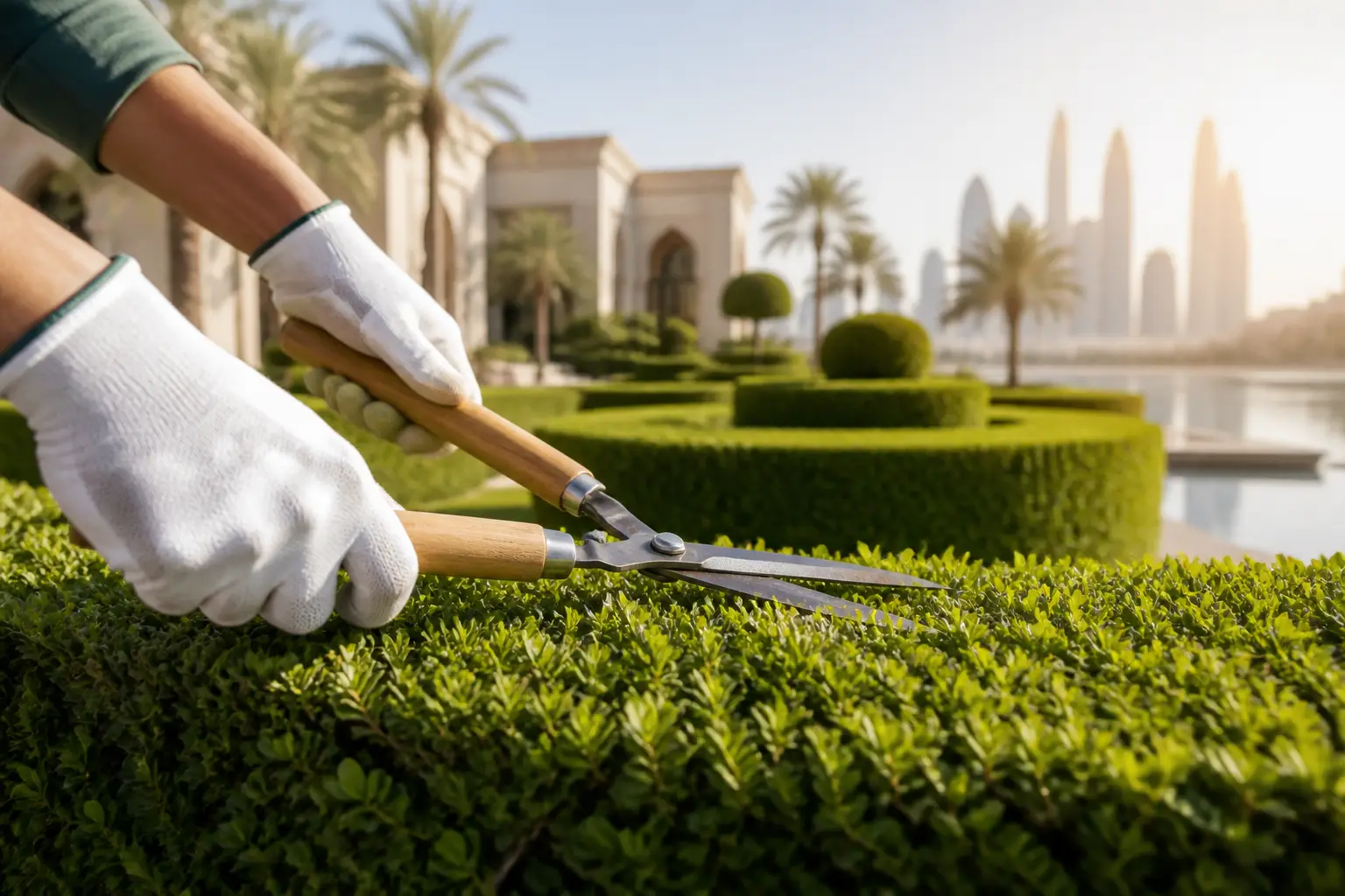 Illustrative garden path with freshly trimmed geometric hedges and a wheelbarrow of clippings