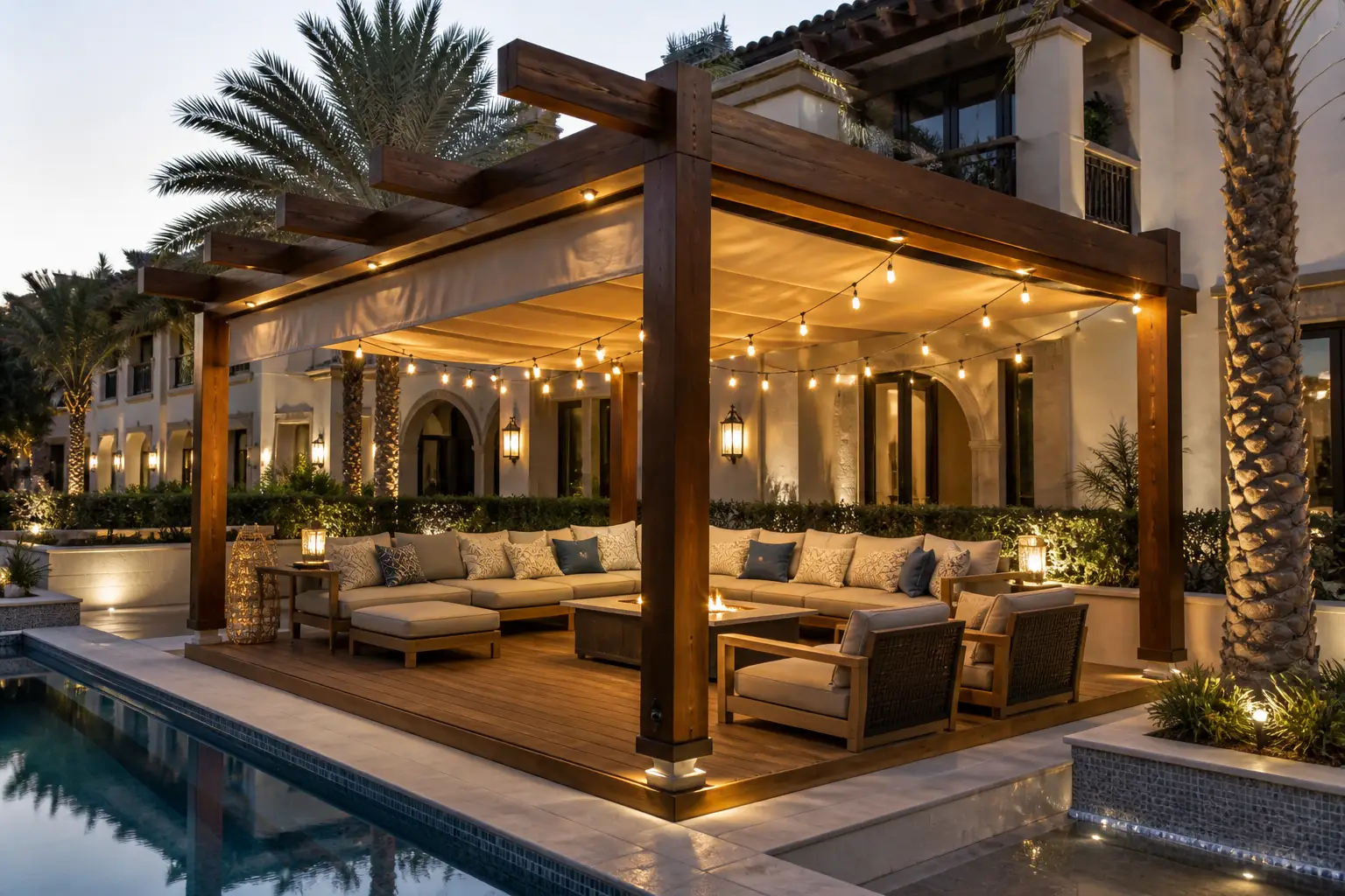 Timber pergola with retractable shade sail and integrated lighting over an outdoor lounge at dusk