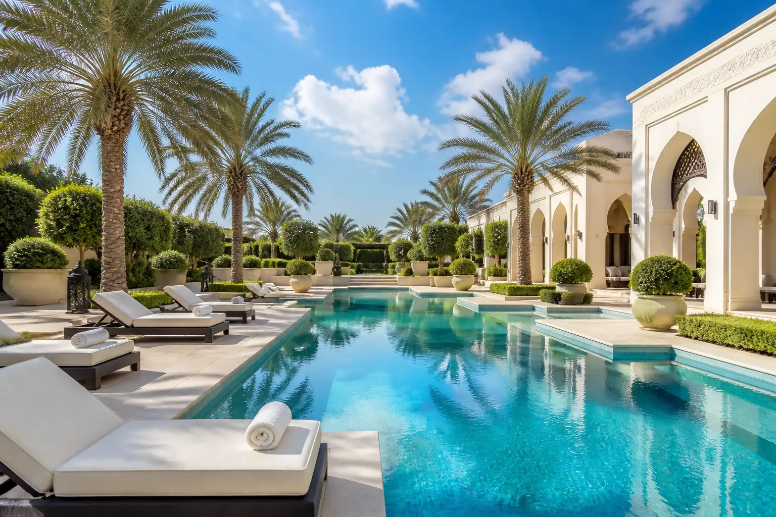 Villa pool terrace with pale stone deck, teak loungers, clipped hedge screen and palms reflected in the water